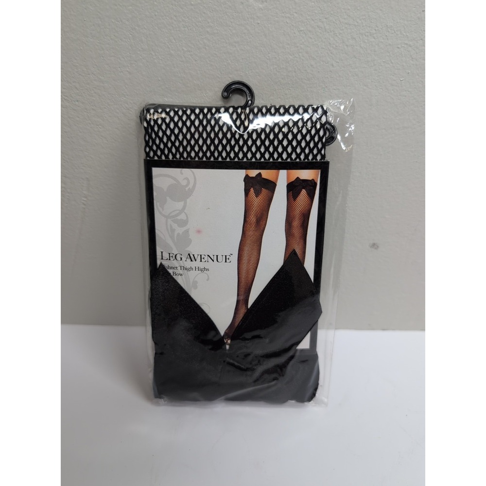 LEG AVENUE STYLE 9017 BLACK FISHNET THIGH HIGHS with BACKSEAM & SATIN BOWS - O/S